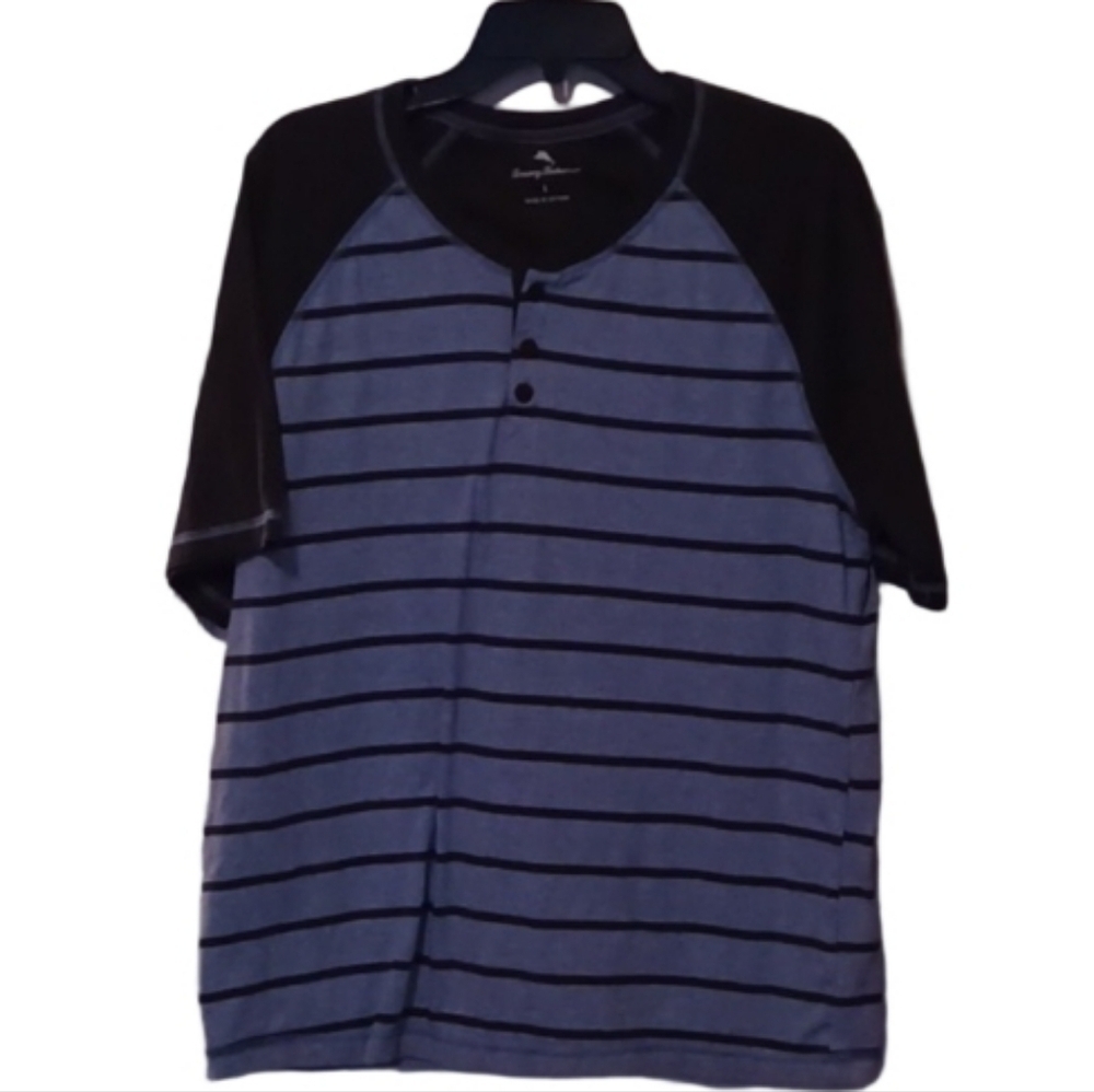 -- Tommy Bahama Gray and Blue Striped Henley Men's Size Large Casual - Picture 1 of 6